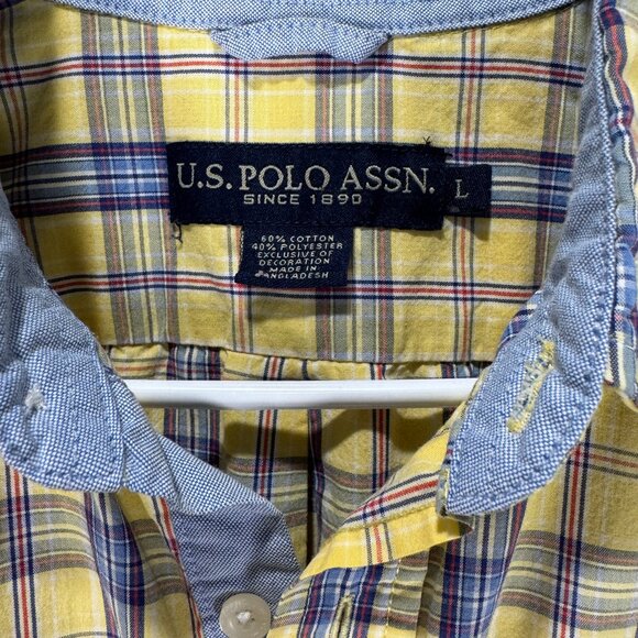 U.S. POLO ASSN Men's Size L Button Down Shirt Blue Yellow Plaid Classic Fit Logo - Picture 3 of 7